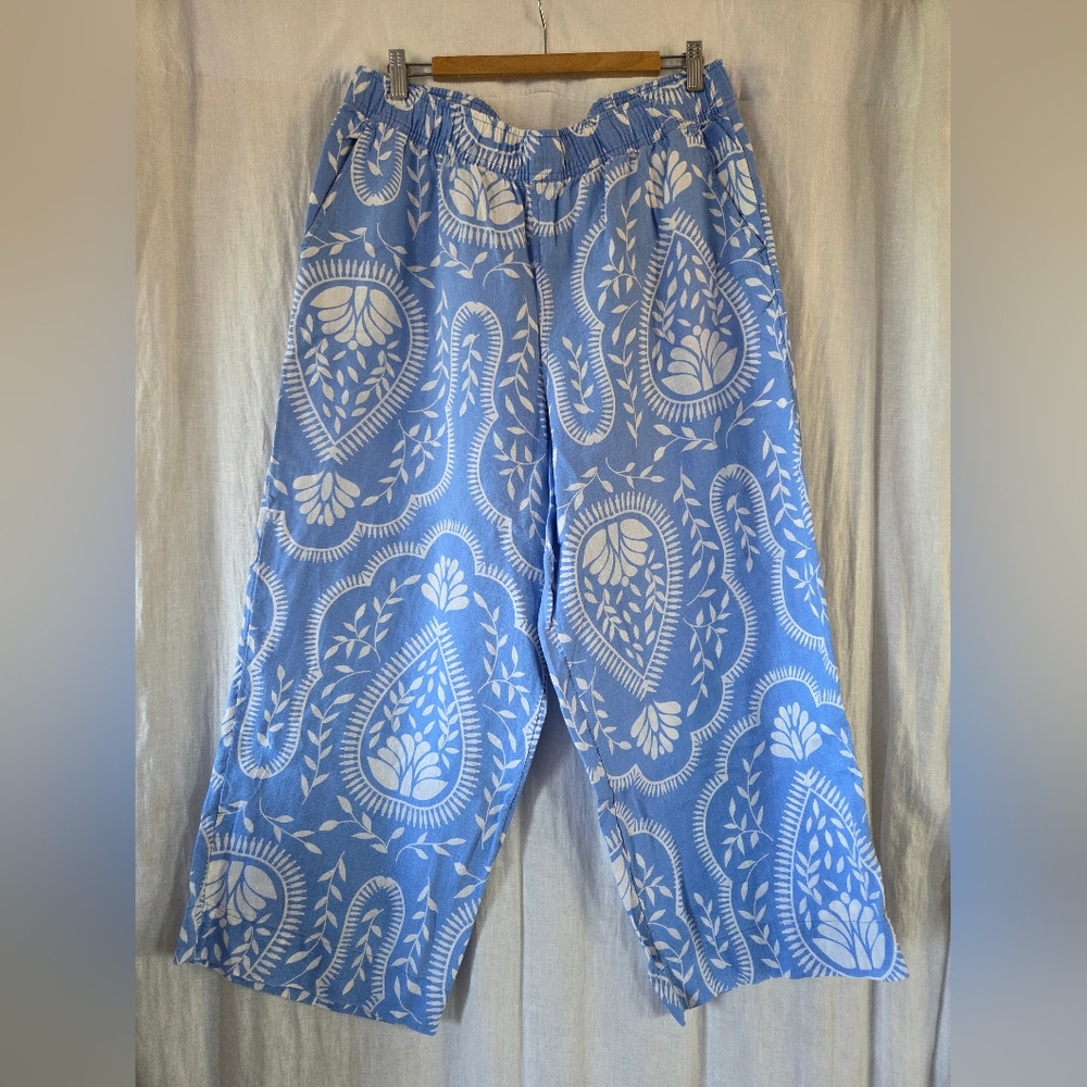Wide Leg Printed Cotton Pants - Blue & White